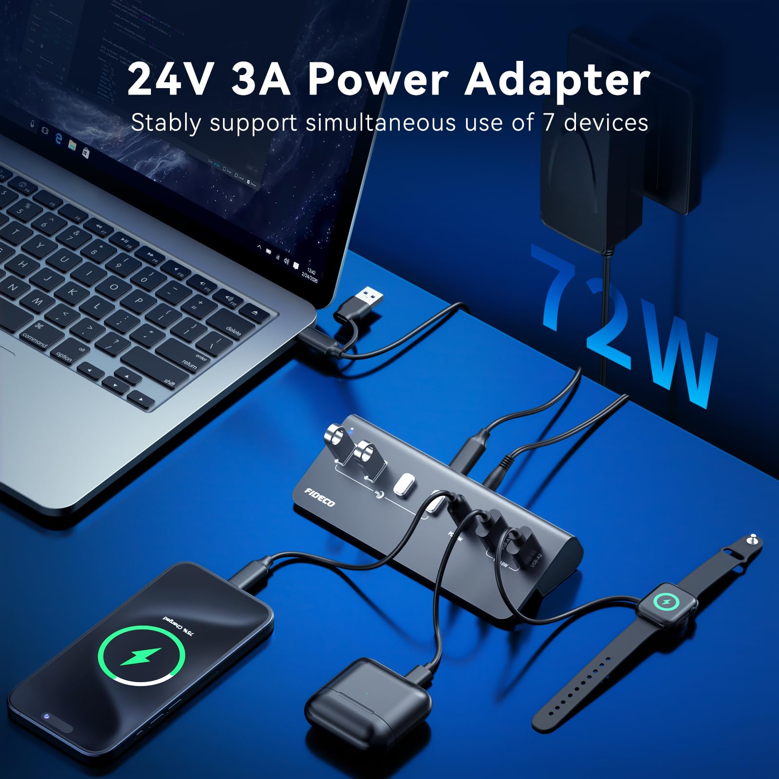 Hub USB alimentato a 7 porte da 72 W, hub USB C con 1 PD 45W, 2 porte di ricarica QC 3.0 e 4 porte USB 3.2 (2 USB-A + 2 USB-C), hub USB in alluminio da 10 Gbps per laptop, PC, MacBook, iPhone 17/16/15