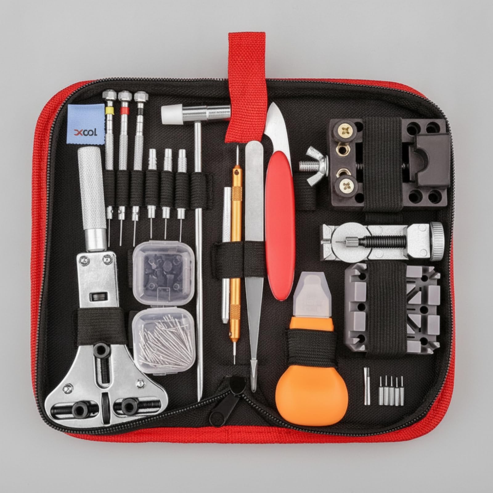 MERIGLARE Outils de Réparation Montre Trousse Organisée Kit Matériel Accessoires Acier Inoxydable avec Ouvre‑Fond Chasse‑goupille Tournevis Pinces Poches sur