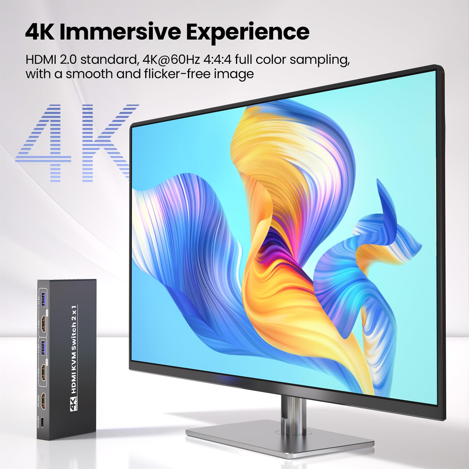 Przełącznik HDMI KVM 2 PC 1 monitor, USB 3.0 4K60Hz 2 porty KVM Switch, 2 komputery PC dzielą się 1 monitor i 1 zestaw myszy klawiaturowej, 4 porty USB 3.0 do urządzeń peryferyjnych