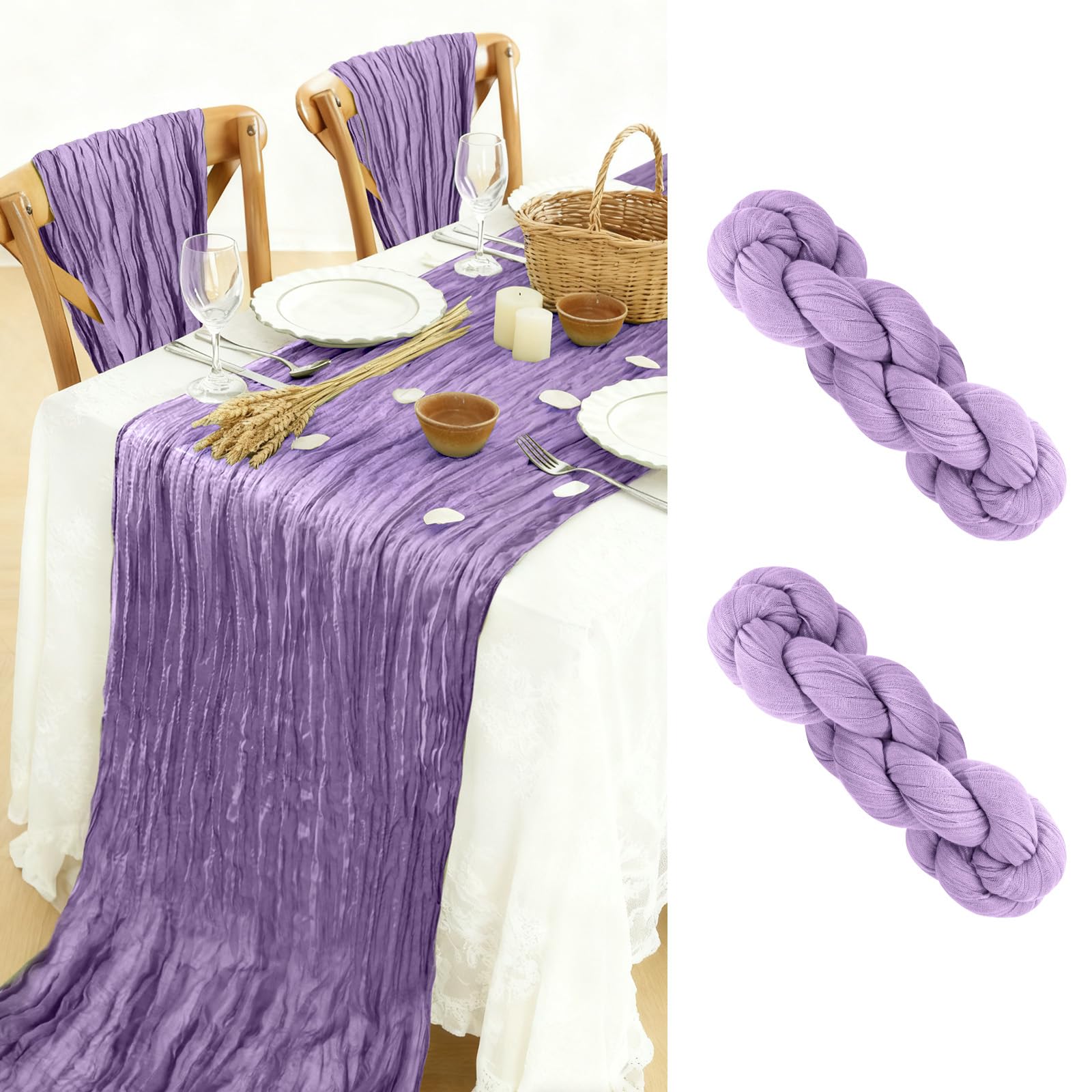 BOUBONI 2 Pack Cheesecloth Table Runner 90x300cm Boho Gauze Table Cloth for Birthday Party Wedding Baby Shower Decoration (Lilac)