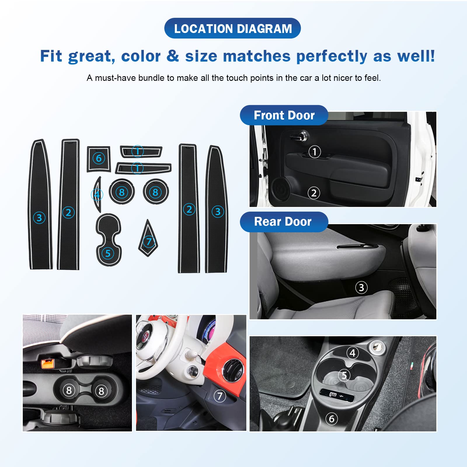 LUWU Tappetini in Gomma Compatibile con Fiat 500 2016-2020 / Abarth 595 2017-2021 Tappetino Antiscivolo per Console Centrale Portabicchieri Auto Tuning Accessori Interni 12 Pezzo (Bianco)
