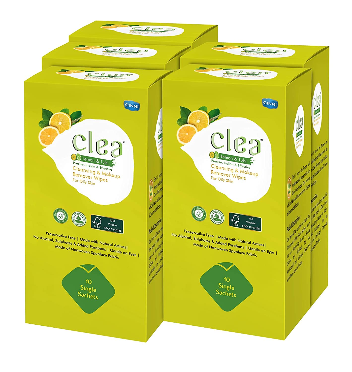Clea Lemon & Tulsi Cleansing Makeup Remover Wet Wipes for Oily Skin - Removes Excess Oil, Moisturizes, Prevents Acne, Hydrates Skin - Pack of 5 (10 Wipes Each, Wipe Size :- 150mm x 140mm)-image-31