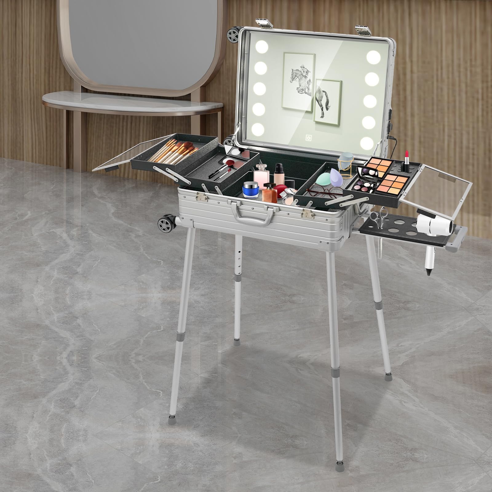 Walizka na kosmetyki 3 w 1, walizka na kółkach, 24", zamykana aluminiowa walizka na kosmetyki z rolkami, regulowanymi nogami, lustrem i oświetleniem LED, przenośny organizer do makijażu dla