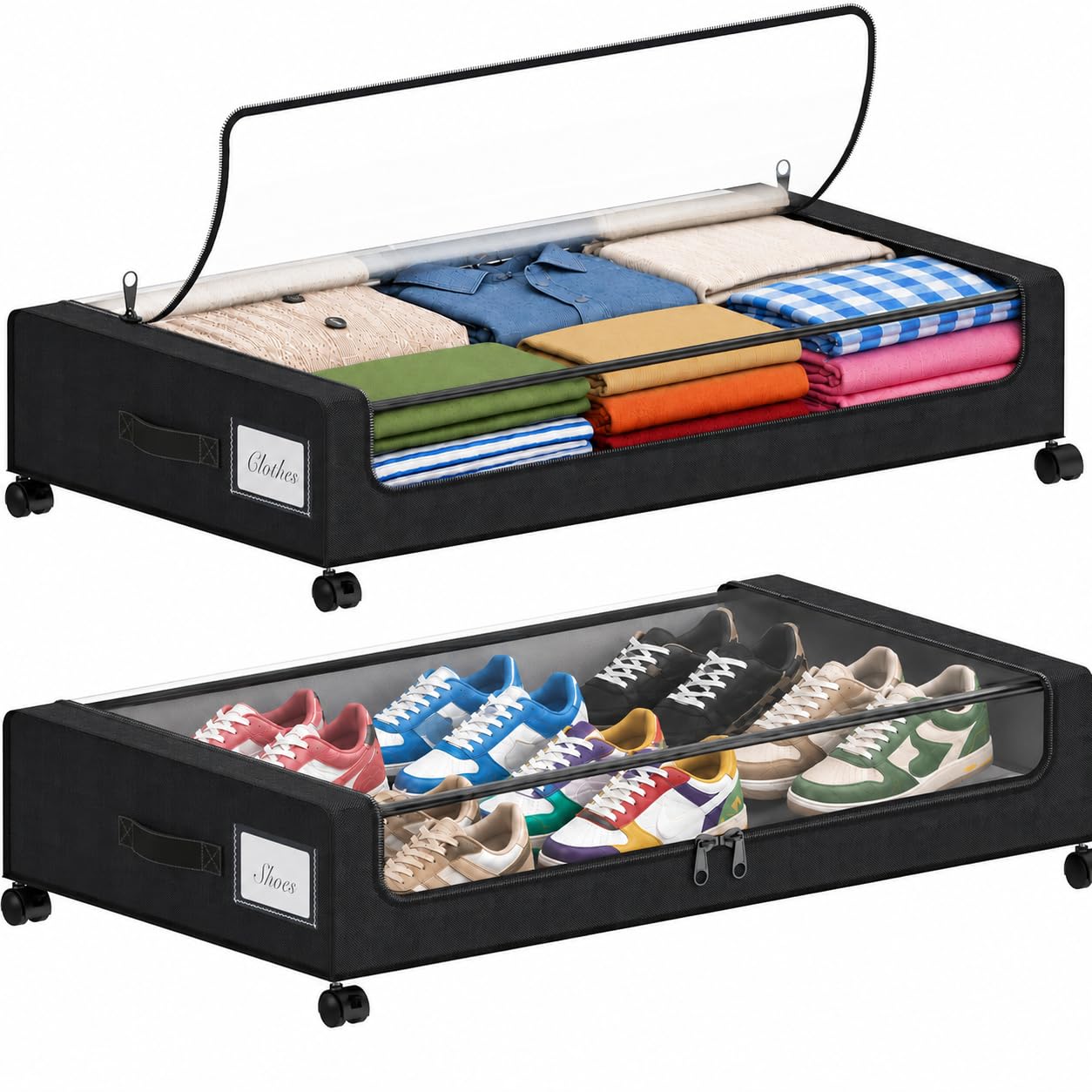 Under Bed Storage with Wheels, 2 Pack Under Bed Storage Containers with Clear Lids, 68L Underbed Shoe Storage Organizer Bins, Rolling Under Bed Metal Drawer for Blanket, Clothes, Shoes, Toys - Black