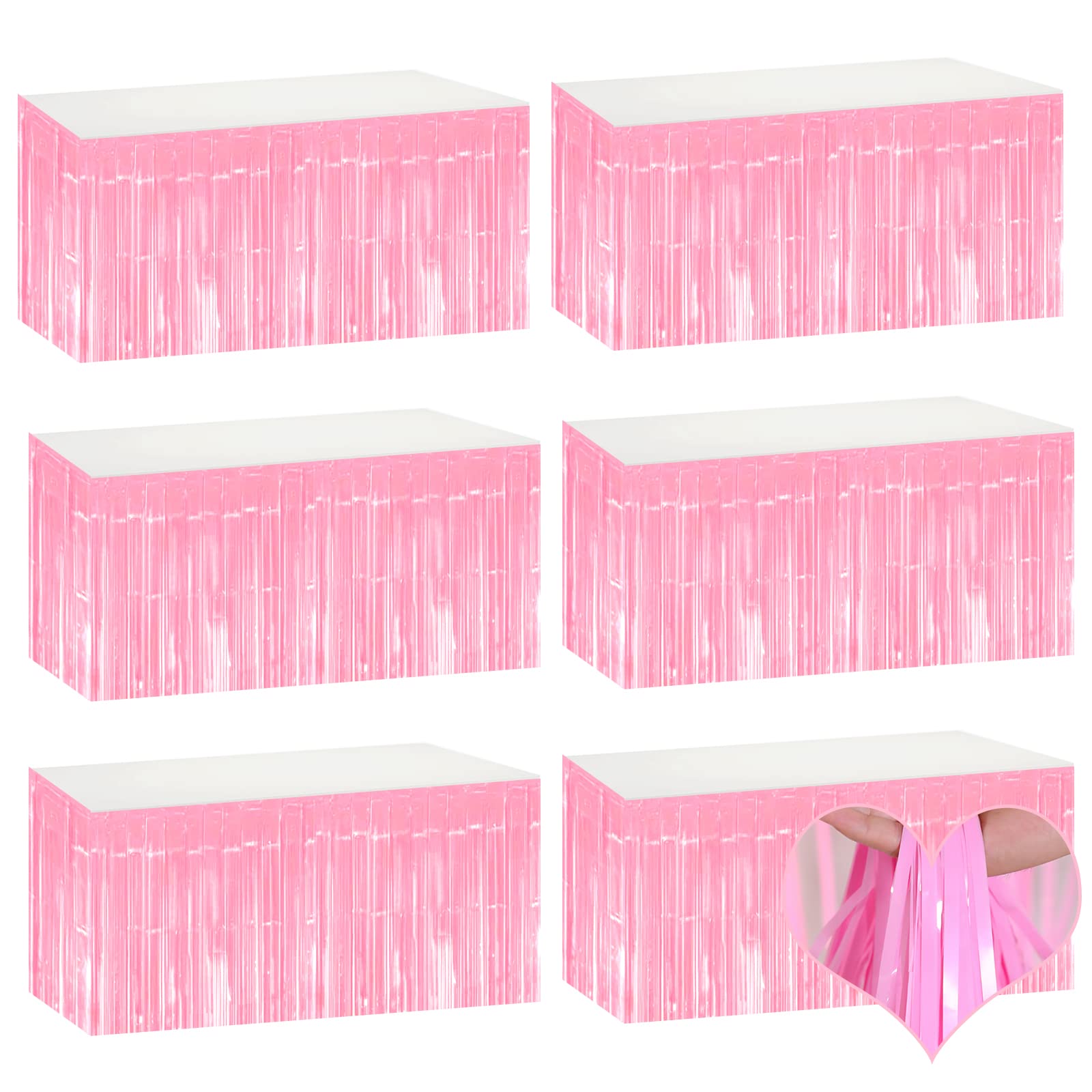6 Pack 29x108 Inch Pink Metallic Foil Fringe Table Skirts Banner for Tinsel Streamer Garland Curtains Backdrop for Parade Floats Wedding Baby Shower