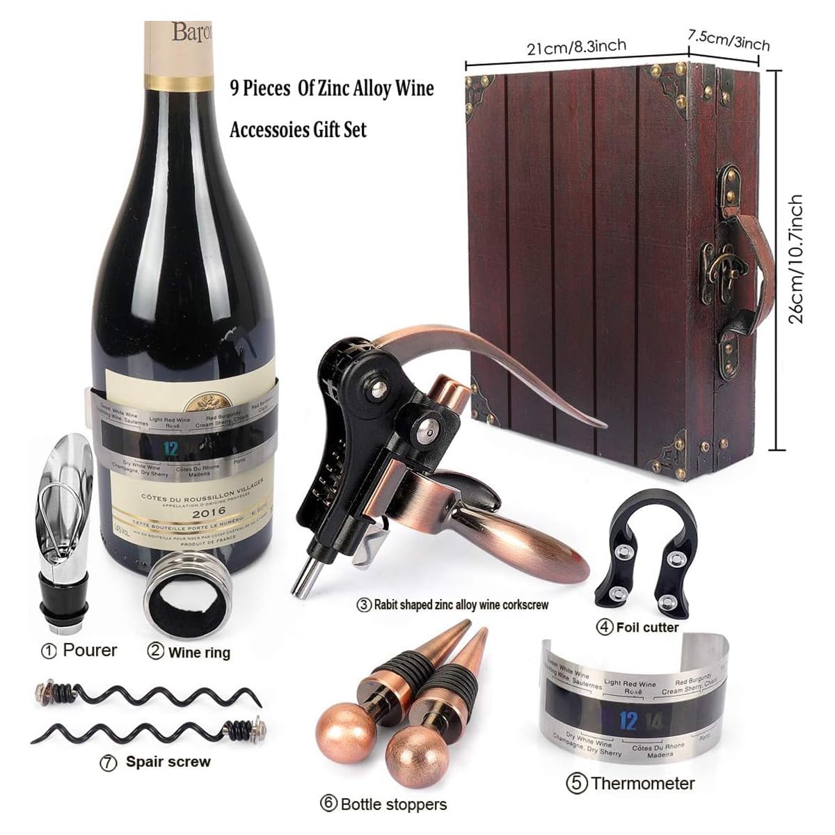 Ensemble ouvre Bouteille de vin dans Une boîte Cadeau en Bois,ouvre Bouteille vin de Luxe,Ensembles d'accessoires pour vin,Set de Sommelier avec Tire-Bouchon (Antike kiste1)