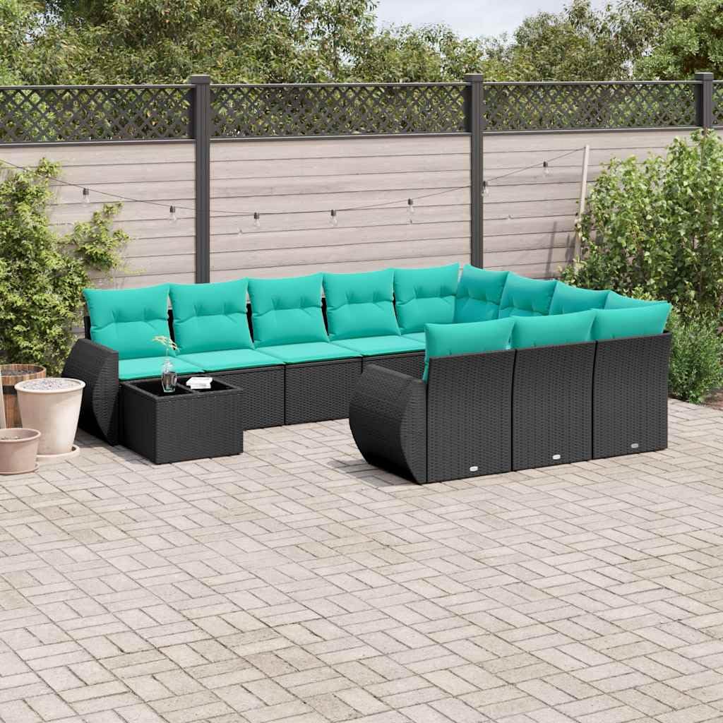 Set divano da giardino, 11 pezzi, polyratin nero, con cuscini e tavolo