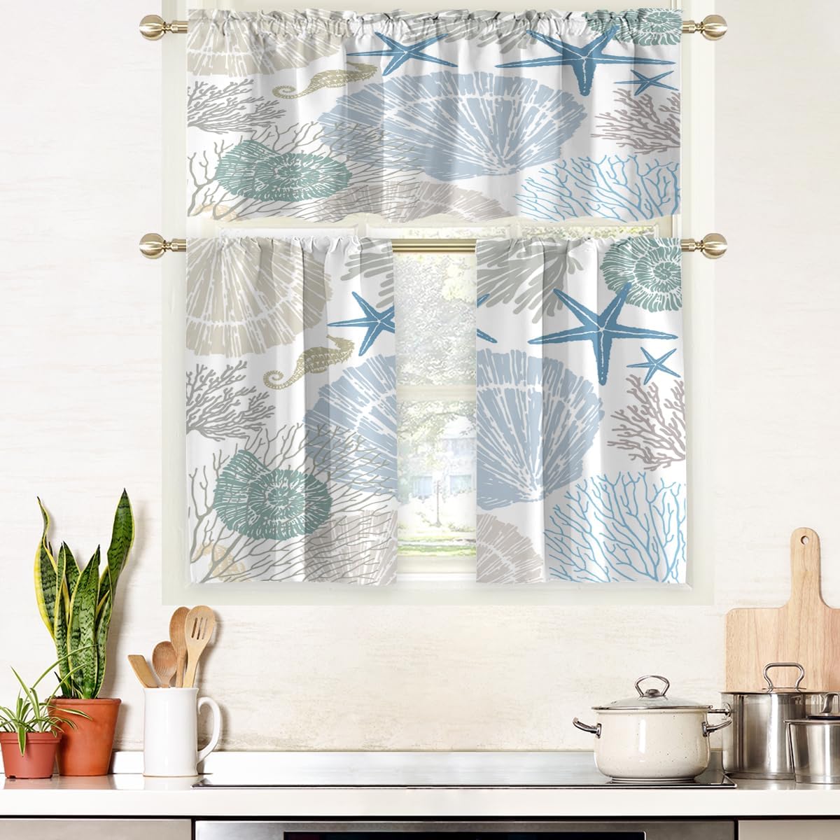 AAtter Coastal Kitchen Curtains Set, White Blue Beach Nautical Valance and Tiers, Tropical Ocean Seashell Starfish Seahorse Pattern Small Short Rod Pocket Window Treatments 52x18 inch + 26x36 inch*2