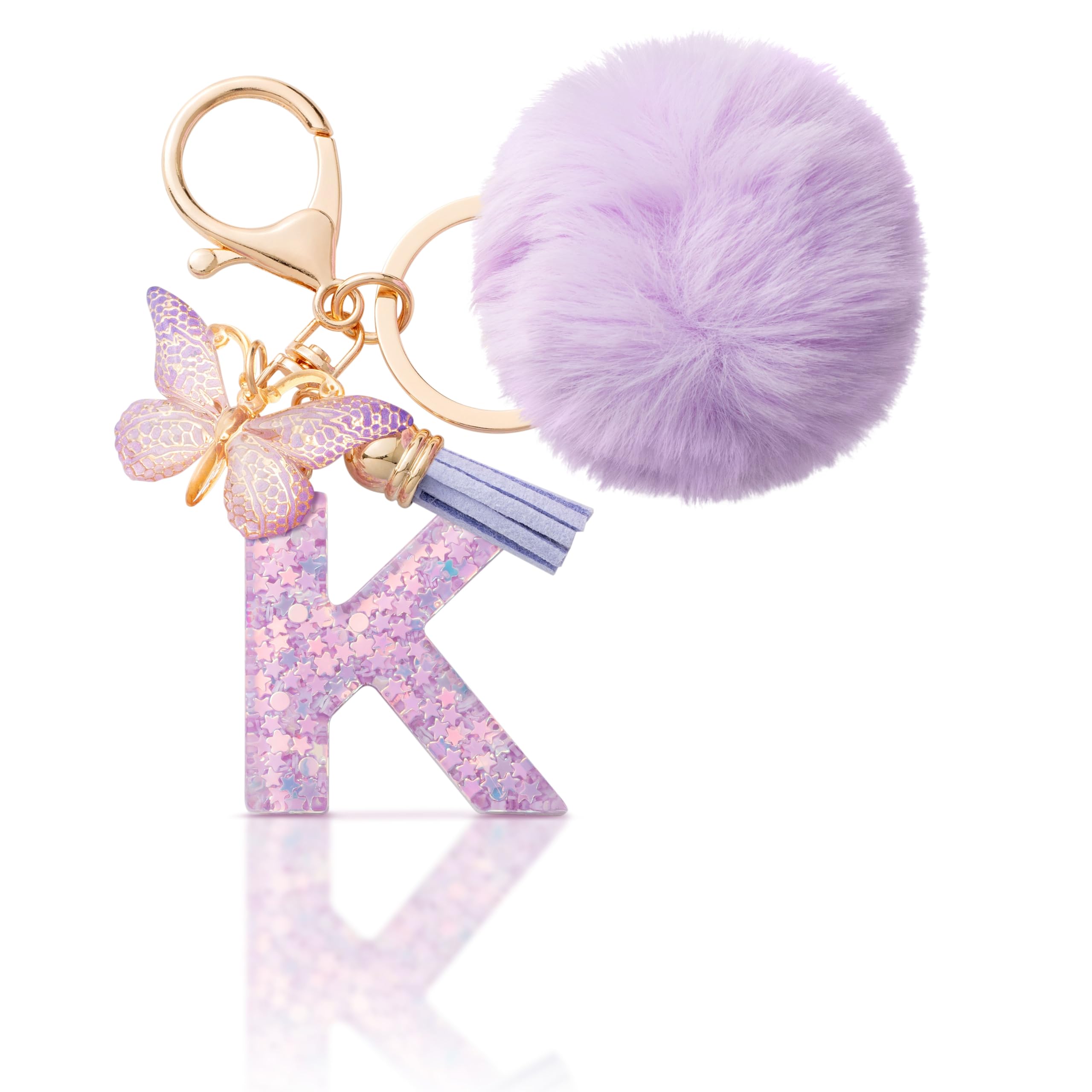 CHUQING Schlüsselanhänger Buchstabe Geschenke Mädchen Schlüssel Anhänger mit Pompon Anfangsbuchstaben Keychain Letter Schmetterling für Frauen Damen Geburtstagsgeschenk
