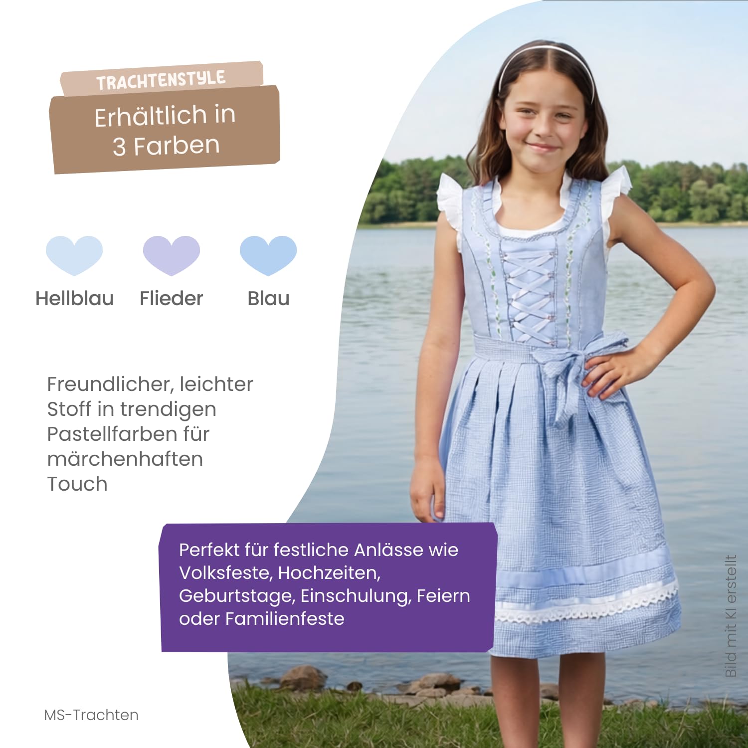 Dirndl Lina per bambini – Dirndl viola blu con camicetta e grembiule, 3 pezzi, abito tradizionale per bambine