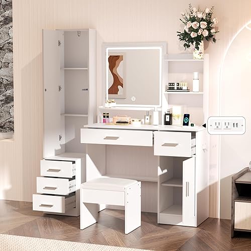 Miniatura 8 de INTERGREAT Tocador de maquillaje con luces y espejo, escritorio de tocador blanco, tocador con cajones grandes, 3 modos de iluminación, espejo de