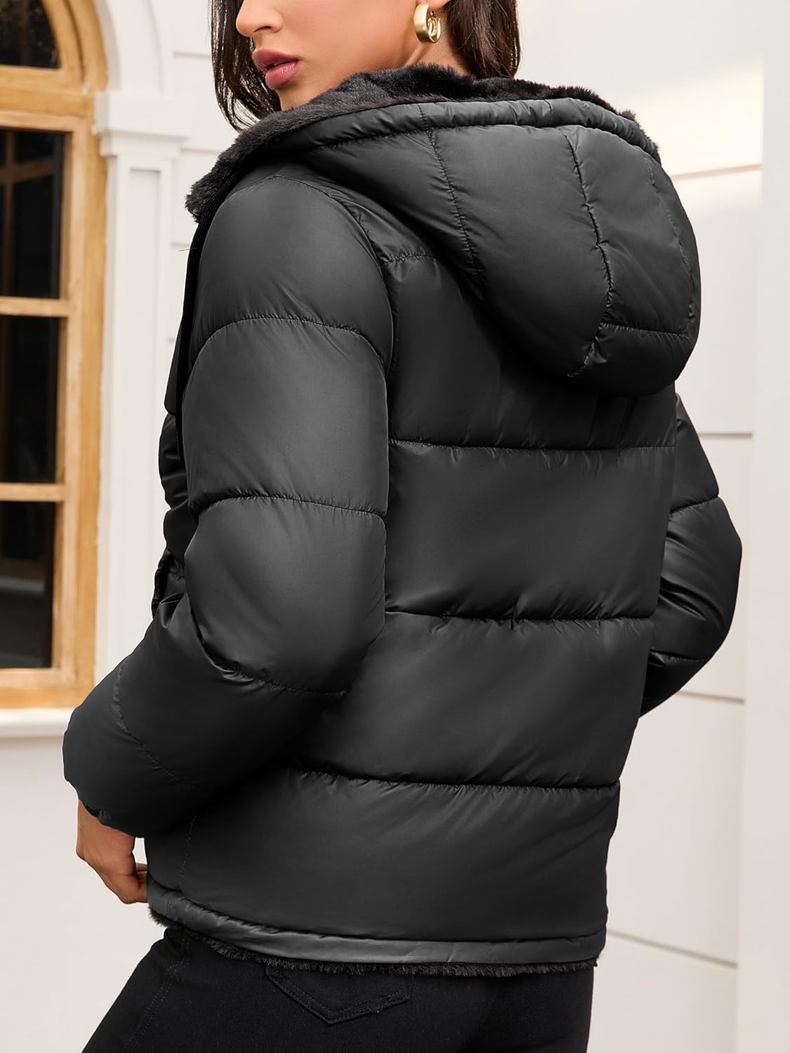 Women's Heavyweight Quilted Puffer Jacket Warm Sherpa Lined Reversible Winter Short Coat for Winter - Image 2