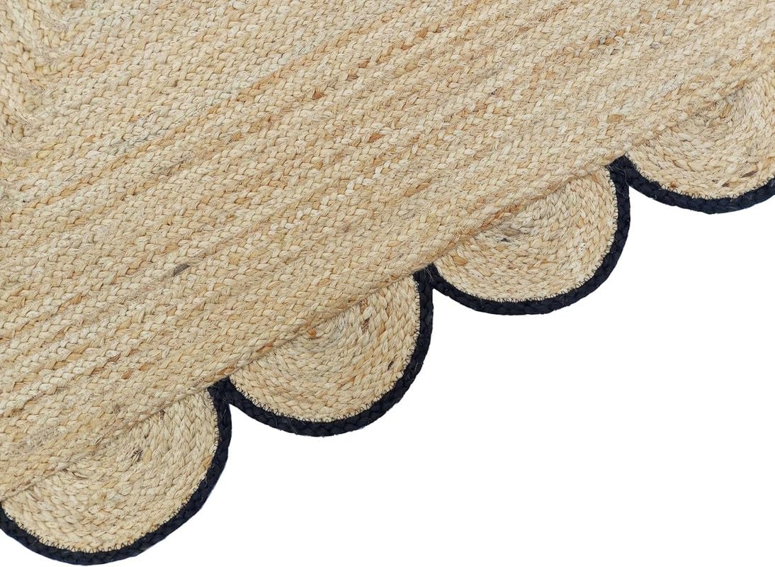 Tapis festonné en jute festonné de qualité supérieure avec bordure noire, style bohème festonné à la main pour salon, chambre à coucher, entrée, décoration d'intérieur bohème