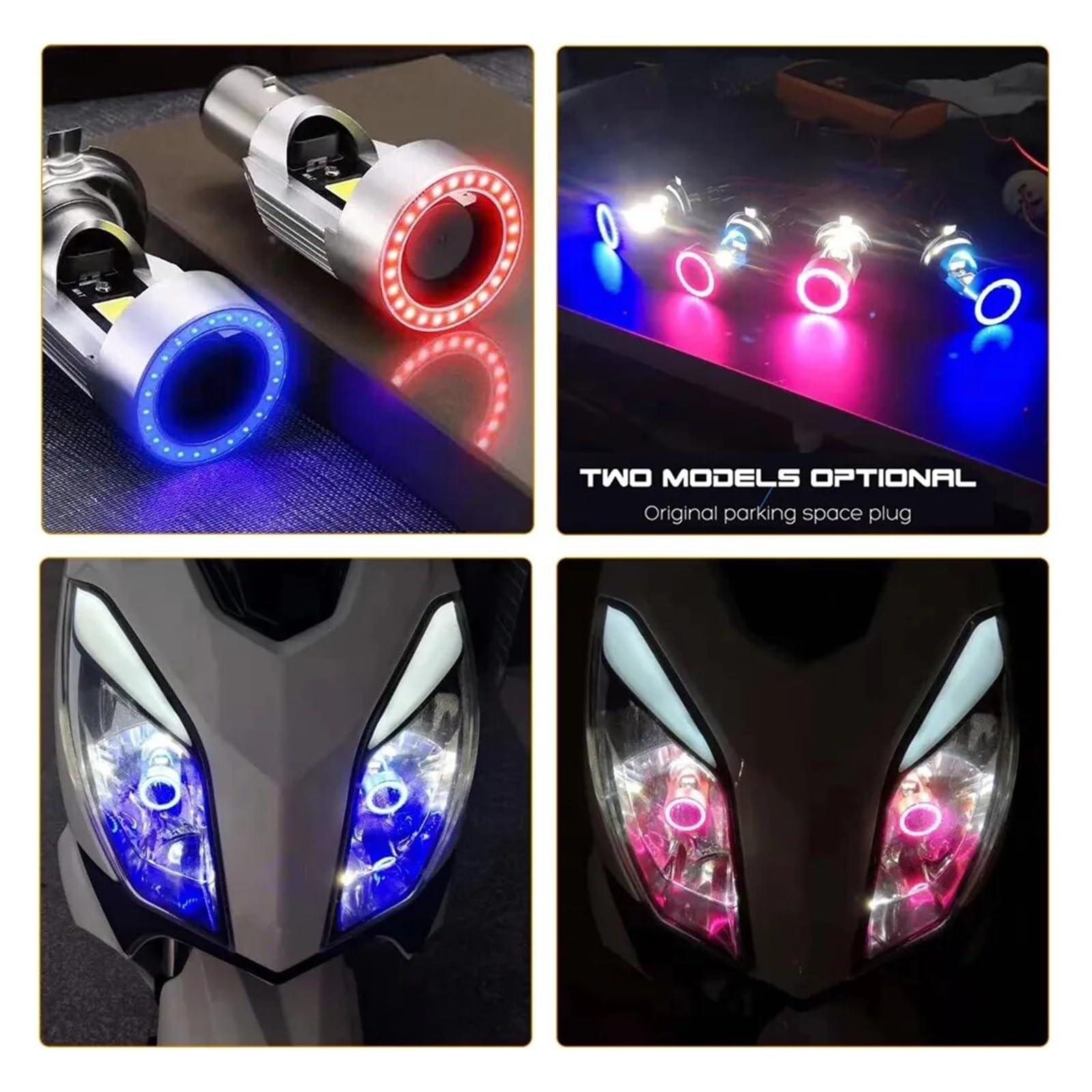 DRL Blanc Clignotant Bleu/Rouge Angel Eye H4 LED Moto Phare Ba20d HS1 H6 Scooter Moto Phare Ampoule DRL Accessoires DC 12-80V (Color : Blue-H4)