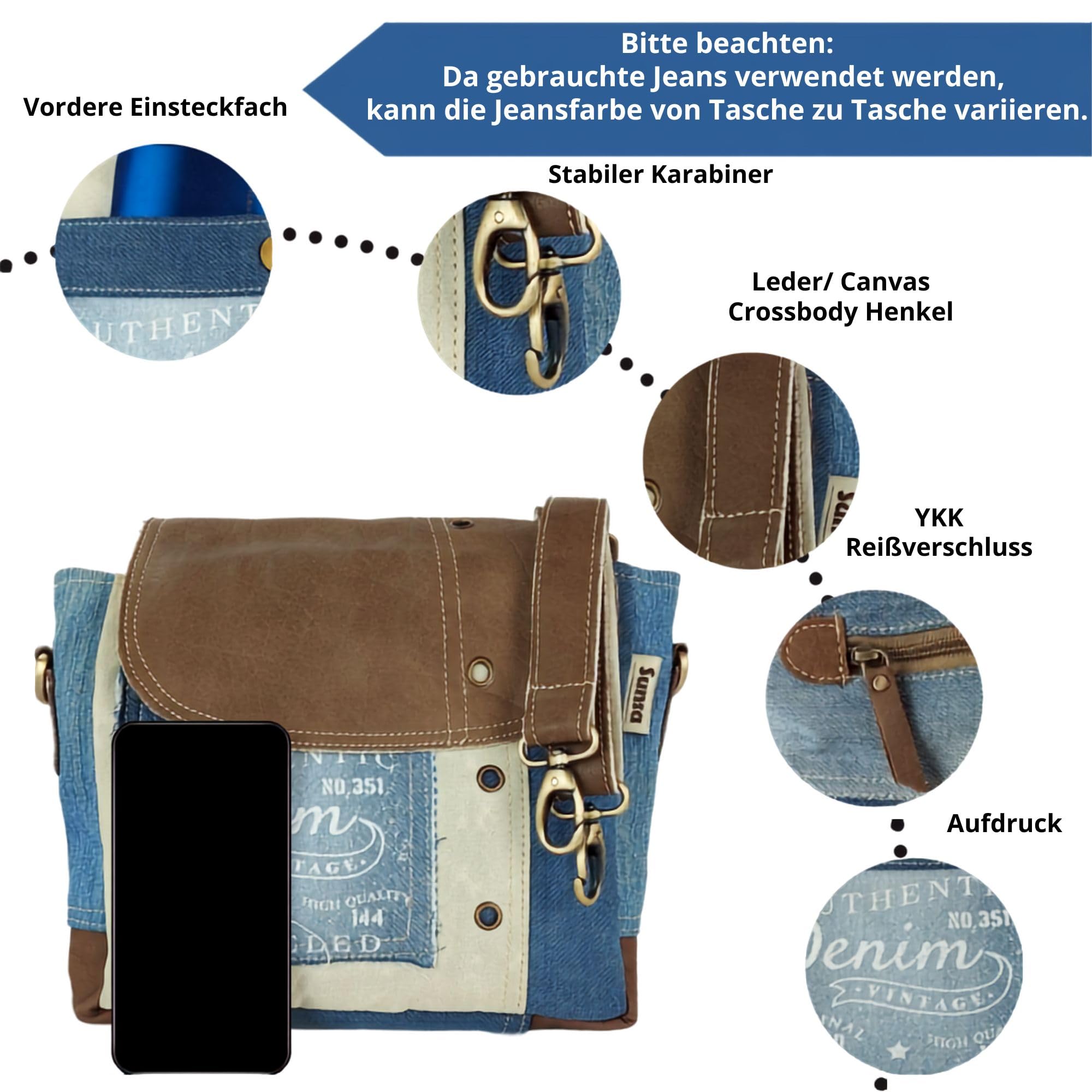 Sunsa Damen Umhängetasche. kleine Messenger Tasche aus Canvas recycelte Jeans & Leder. Nachhaltige Vintage Crossover Bag mit Lederklappe. Handtasche als Geschenkideen für Frauen