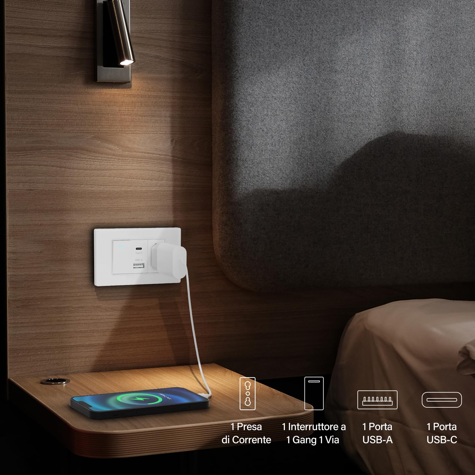 BSEED Prise avec USB A et USB C, prises électriques murales 118mm, prises italienne pour bureau à domicile, Prise+10.5W+1 Gang 1 Voie-4 pièces, Blanc