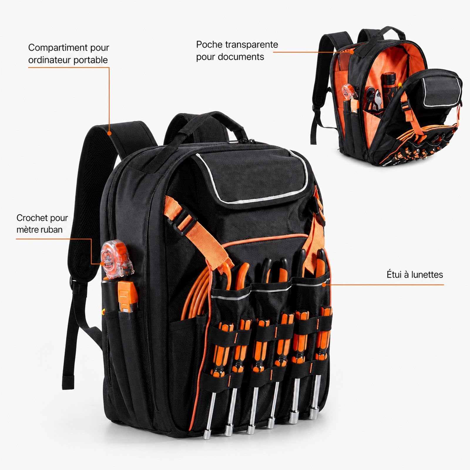 Sac à dos à outils avec 45 poches pour chantier
