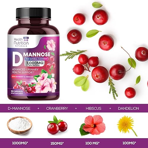 Miniatura 3 de D-Manosa 1000 mg  Soporte para la salud del tracto urinario natural extra fuerte, acción rápida, incluye extracto de arándano, diente de león,
