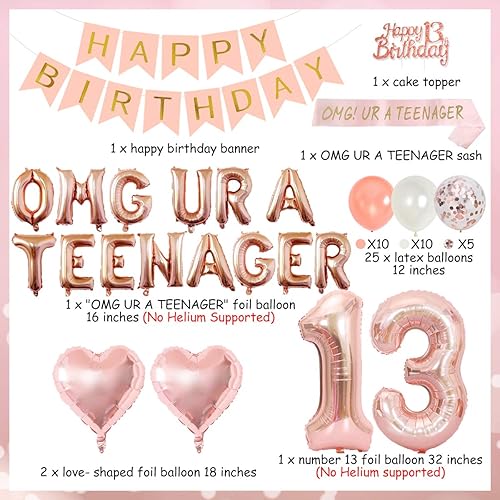 Miniatura 5 de Decoración de fiesta de cumpleaños para adolescentes, decoraciones de fiesta de cumpleaños de 13 para niñas con globos de oro rosa para adolescentes