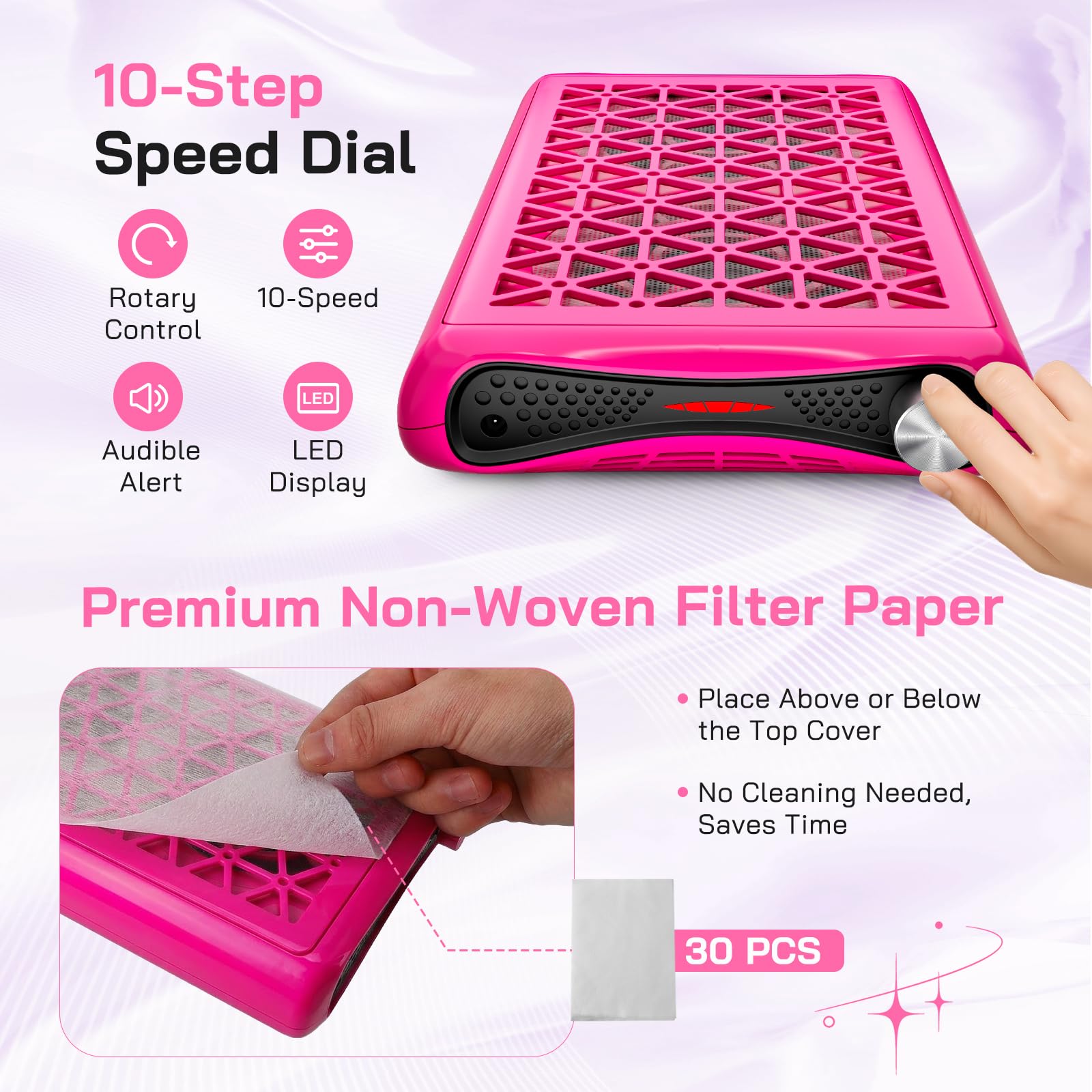 Aspiratore per unghie cablato, doppio ventilatore turbo con potenza di aspirazione 1600 Pa, 30 fogli filtranti, 6000 giri/min, potenza di aspirazione regolabile per manicure, salone di unghie (Rosso)