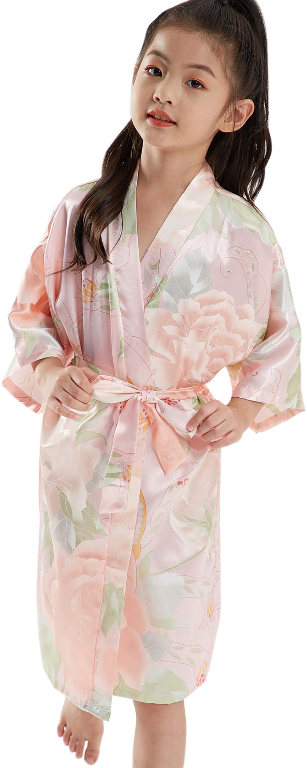 QXQTER Girls Floral Silk Kimono Robe Wedding Flower Girl Robes Dressing Gown Bathrobes Housecoat