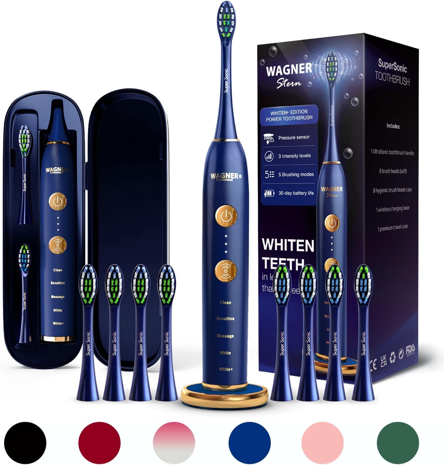 WHITEN+ Edition. Whitening Electric Toothbrush with Pressure Sensor. Offers 5 Brushing Modes, 3 intensities, 8 Soft Brush Heads, and a Luxury Travel case.