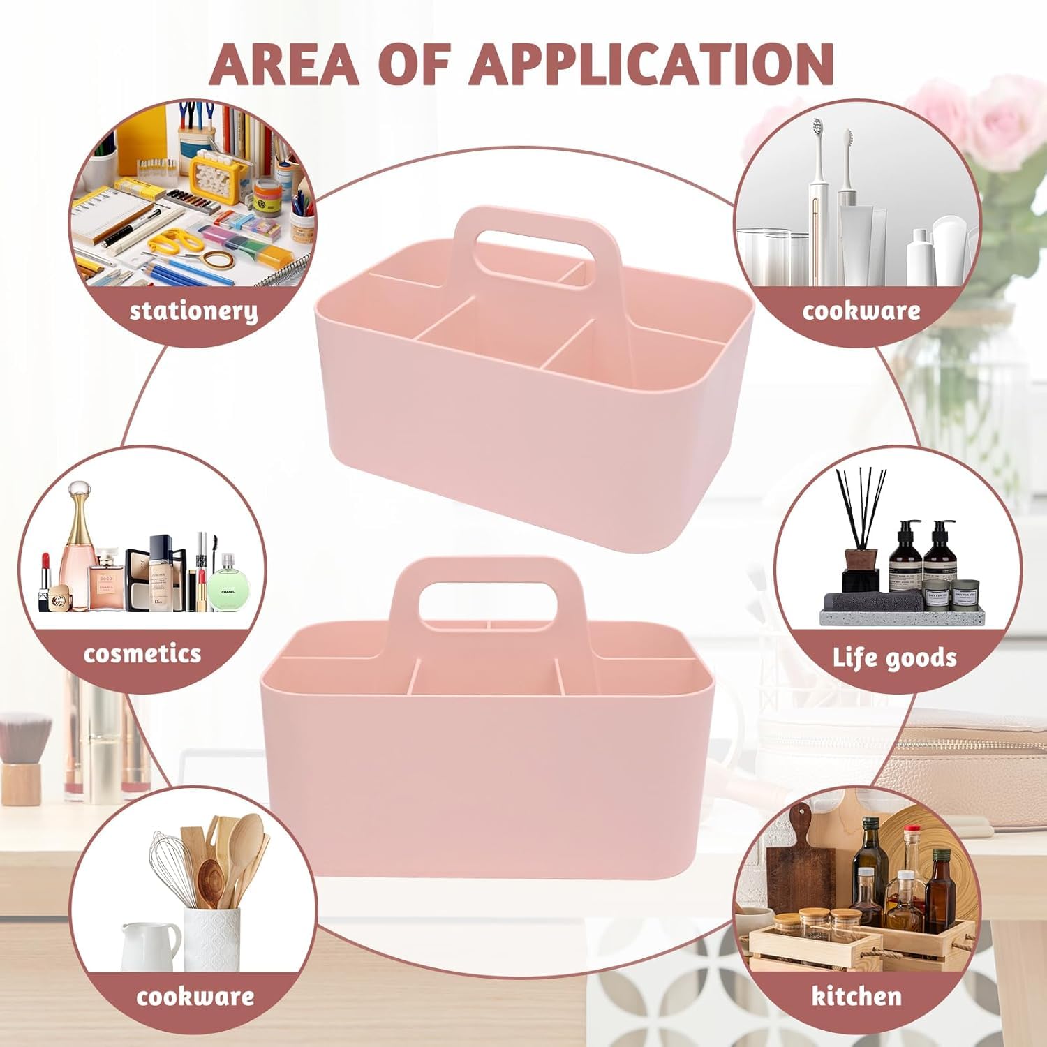 Multipurpose Storage Caddy, Multipurpose Caddy Organizer, Stackable OrganizerCaddy, Plastic Desk Organiser Caddy with Handle for Office,Bathroom, Crafts, or School Supplies (Pink) - Image 4