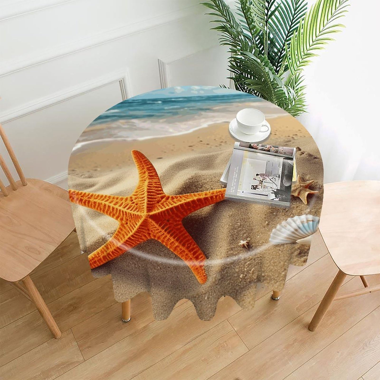 FekiLoot Sea Beach Starfish Round Tablecloth Cover 60 Inch Wrinkle Free Washable Polyester Fabric Table Cover Decorative Round Table Cloth for Home Dining Kitchen Party Farmhouse