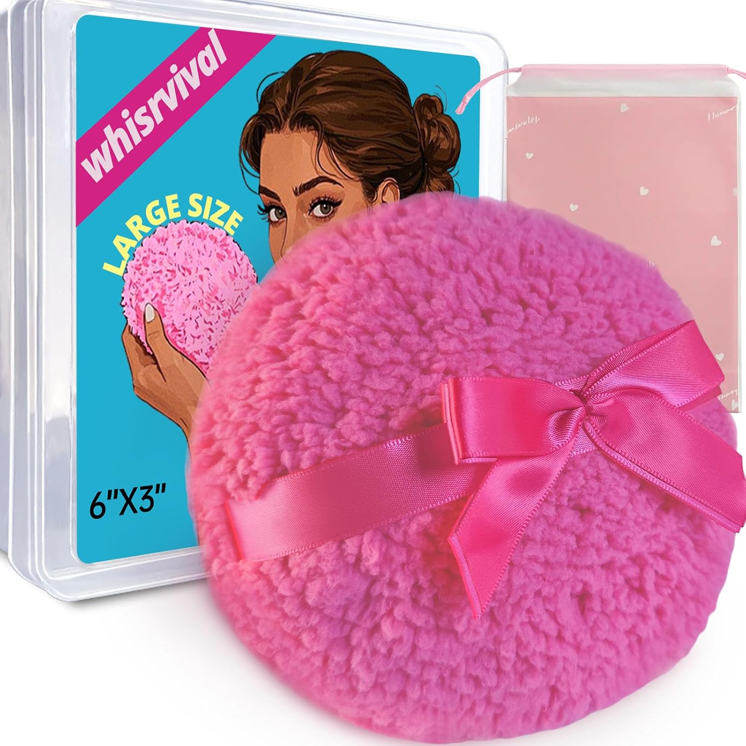 6" Large Body Powder Puff and Container, Easy Body Powder Application, Extra Soft Fluffy Body Puff with Lid & Bow, Elegant Vanity Storage, Pink