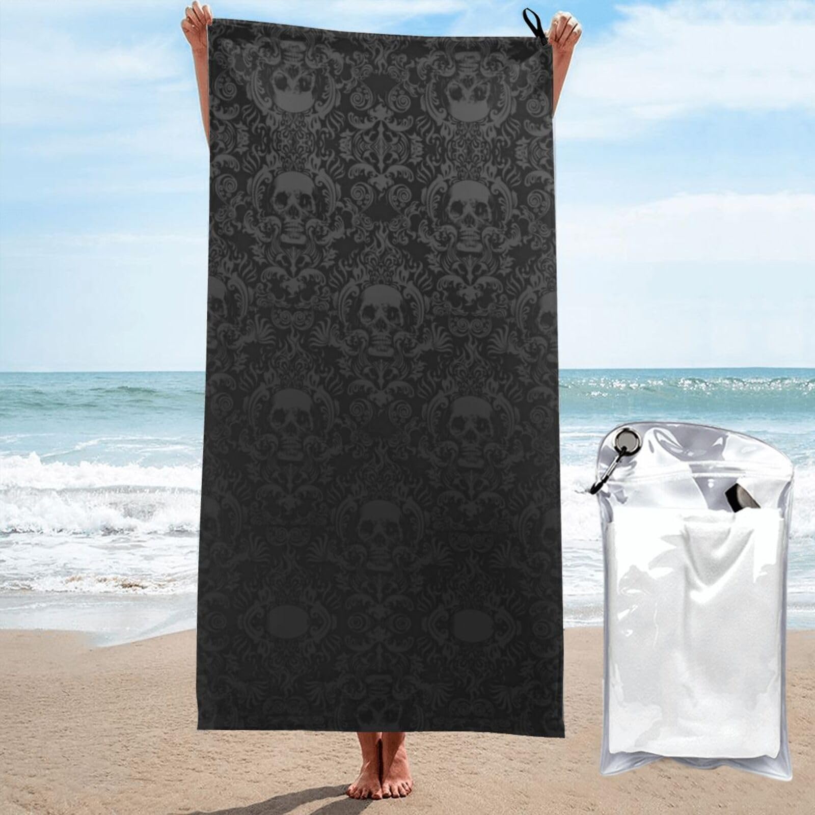 microfiber beach towels for adults, Gothic Wallpaper Skull Beach Towel, Quick Dry Sand Free Absorbent Towel for Travel sports Gym, Lightweight Compact Towels for Outdoor , with Carabiner 160x80cm