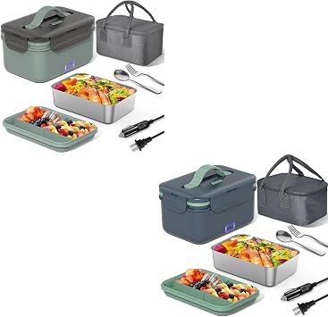 Electric Lunch Box, 2-Set Heated Lunch Box for Adults, 12V 24V 110V/220V Portable Heating Lunch Box for Work/Car/Truck with Fork Spoon and Removable Stainless Steel Container, Green Gray+ Dark Gray