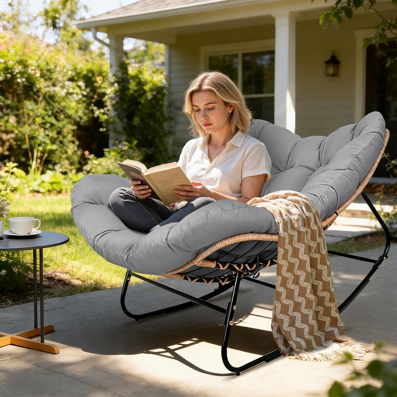 Outdoor Papasan Rocking Chair, Oversized Wicker Patio Rocking Chair with Thick Cushion, Deep Wide Big Lounge Egg Chairs for Balcony, Porch, Living Room, Grey