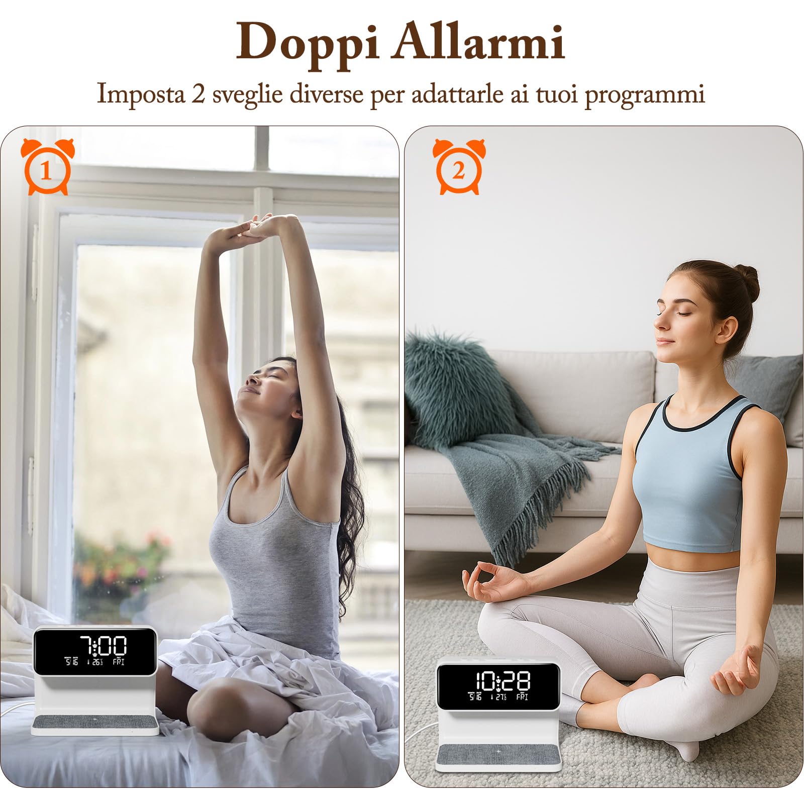 Sveglia Digitale, Sveglia da Comodino con Ricarica Wireless 15W, Display LED Temperatura/Data/2 Allarme/Snooze Regolabile/ 12/24Ore, Sveglia Luminosa con Touch Dimmerabile per Adulti e Bambini