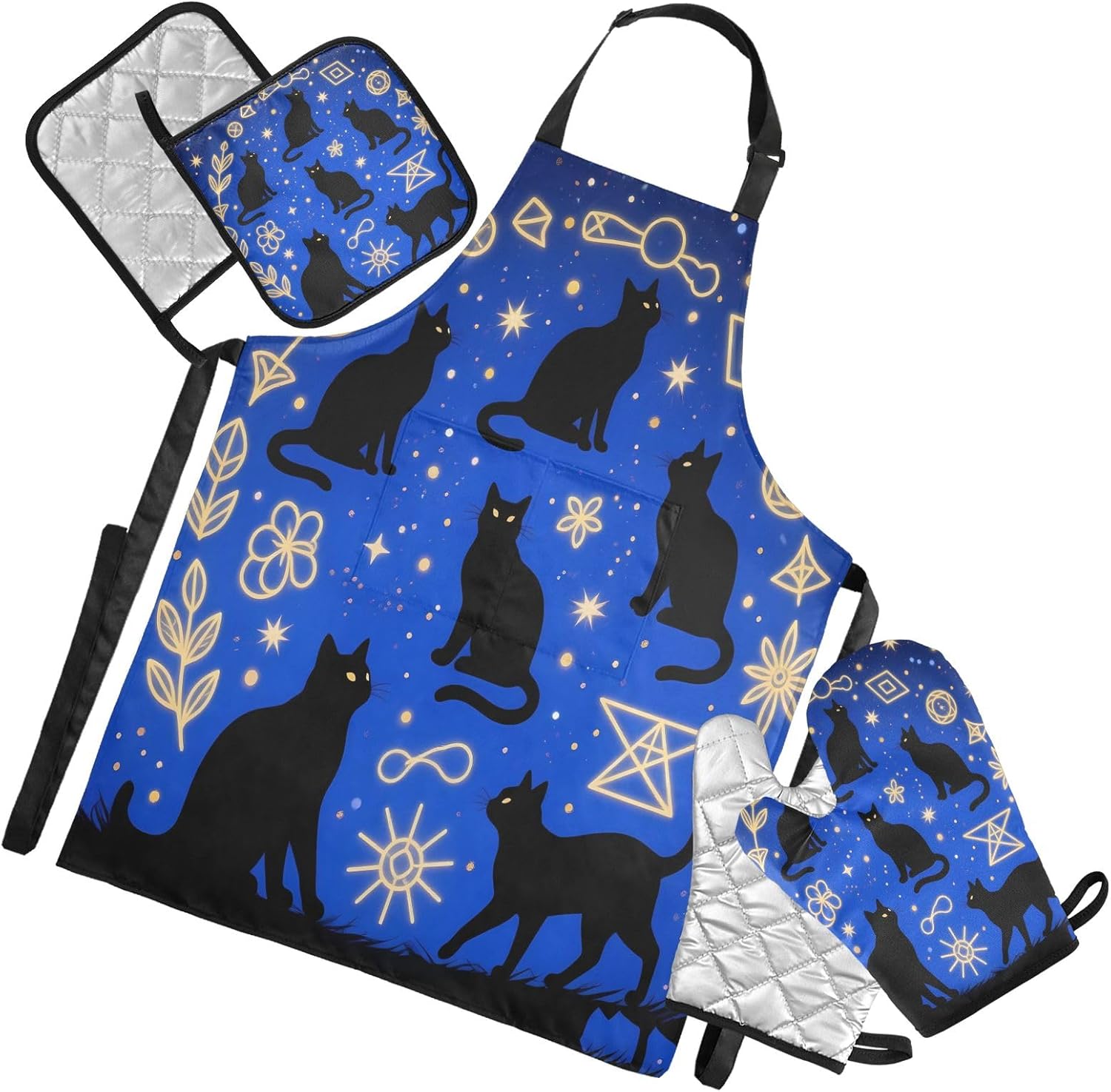 5 Pcs Heat Resistant Kitchen Apron Set with Oven Mitts & Pot Holders for Cooking BBQ Baking