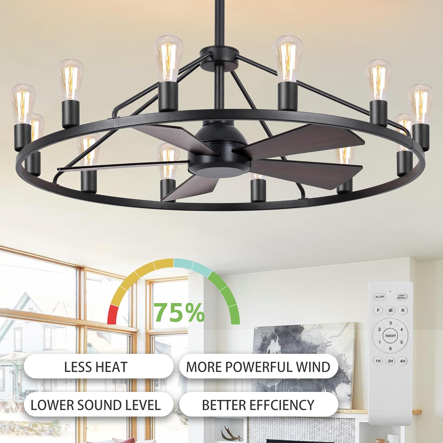 She's home 43" Black Wagon Wheel Chandelier Fan with Light, 12-Lights Large Round Candle Farmhouse Fandelier Ceiling Fan with Light Fixture for Living Room, Dining Room, Height Adjustable