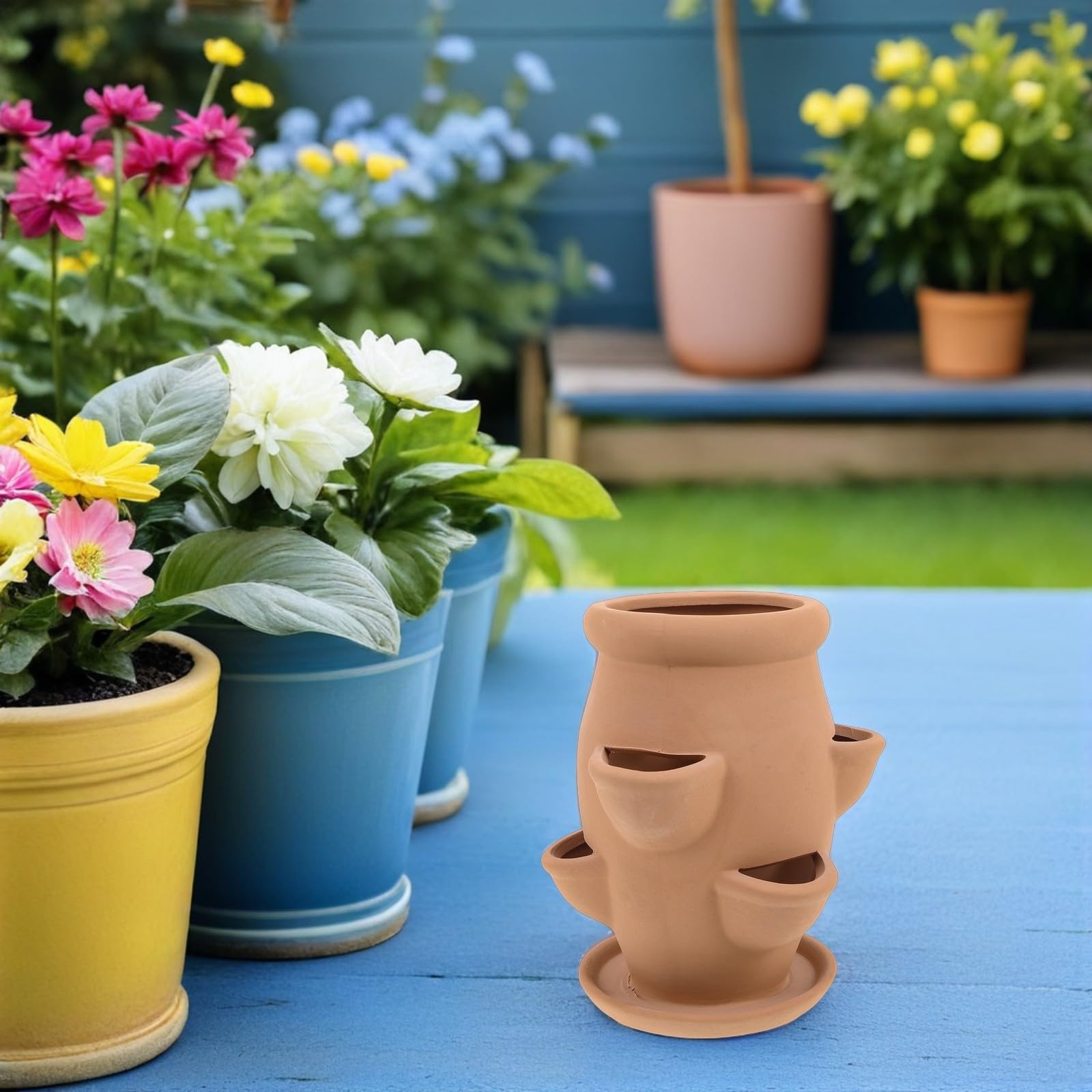 Toyvian Jardinière à fraisiers en Terre Cuite à 6 Poches, Lot de 2 Pots Tour pour Jardin et Maison, supporte la santé des Plantes, 19x15x15 cm, Design ventilé pour succulentes et Petites