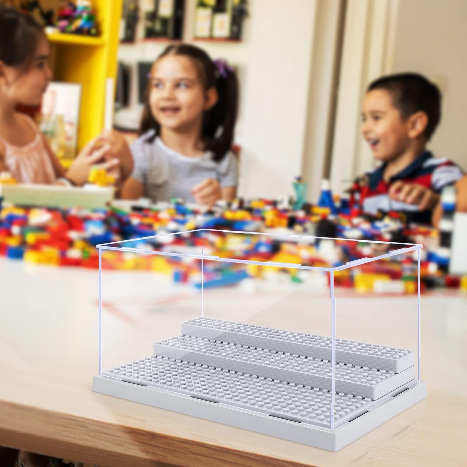 Mlikero 2 Pack Minifiguren Vitrine für Actionfiguren Blöcke, klare staubdichte Display Aufbewahrungsbox mit 3 beweglichen Schritten, Geschenke für Kinder Minifiguren Sammler (Grau)