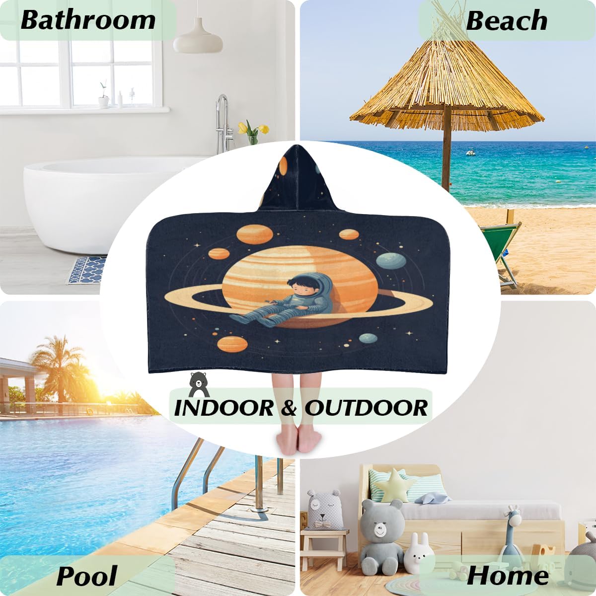 Pardick Space Planet Beach Towel Kids Bath Towel with Hood Pool Cover Up for Girls Boys Soft Absorbent Hooded Bath Towel Toddler Towels for Beach, Pool