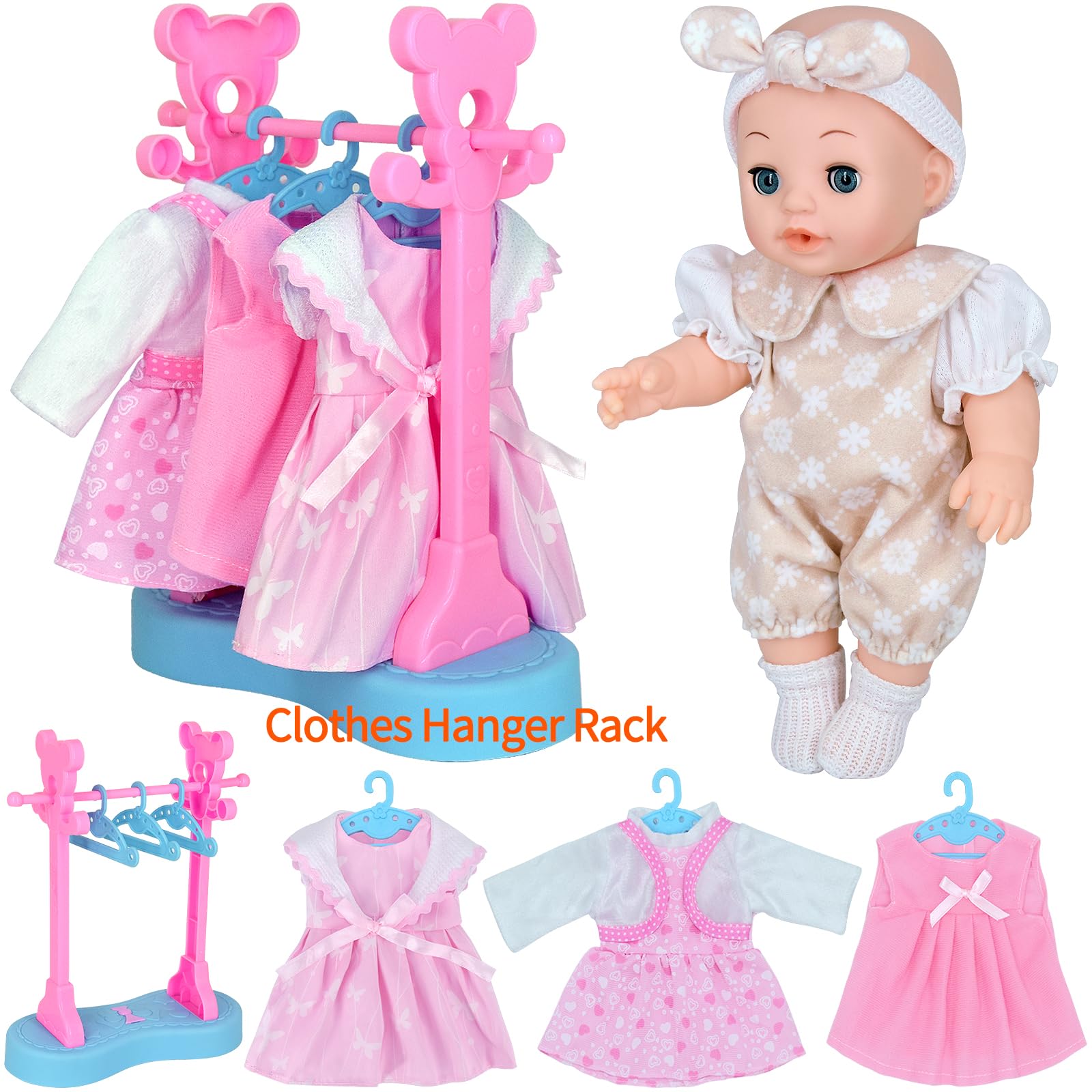 Besurejoy 12'' Reborn Baby Doll Playset with Clothes Hanger Rack,4 Outfits, Swaddle Blanket Bib Diaper Pacifier Feeding Bottle Dress Backpack and Accessories.17 PCS Pretend Play Toy Girl Kids Gift Set