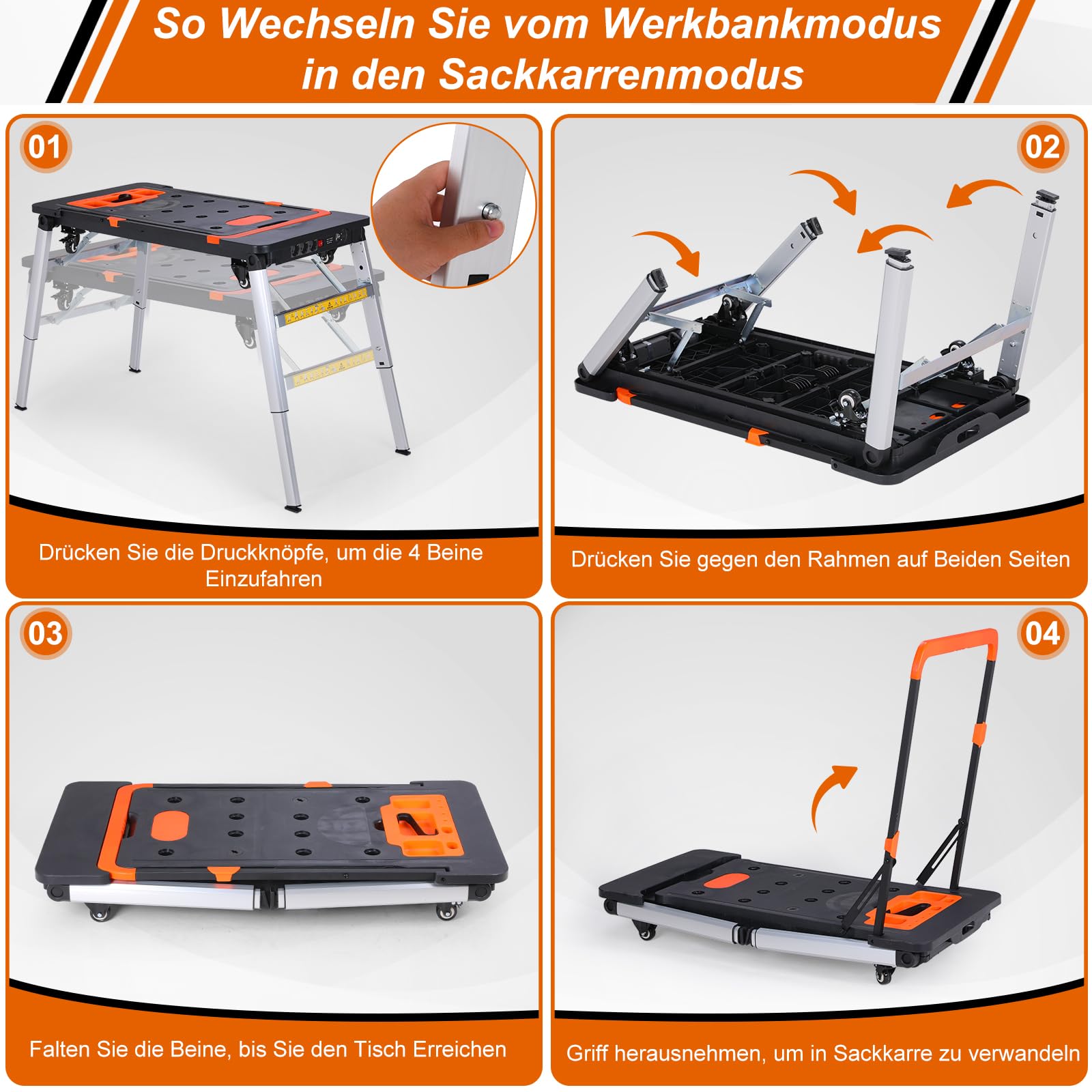 TLGREEN 7 in1 Klappbare Werkbank höhenverstellbar,Tragbare Werkbank Mobil,Arbeitstisch Klappbar,100-200kg Tragkraft,Multifunktionstisch mit 4 pcs Rollen,Werktisch Spanntisch für Werkstatt,Haus,Büro