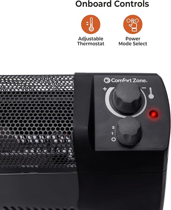 Comfort Zone 1500W Convection Baseboard Heater Silent Portable Electric Space Heater with Adjustable Thermostat, 2 Heat Settings & Safety Tip-Over Switch Black
