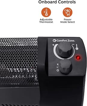 Comfort Zone 1500W Convection Baseboard Heater Silent Portable Electric Space Heater with Adjustable Thermostat, 2 Heat Settings & Safety Tip-Over Switch Black