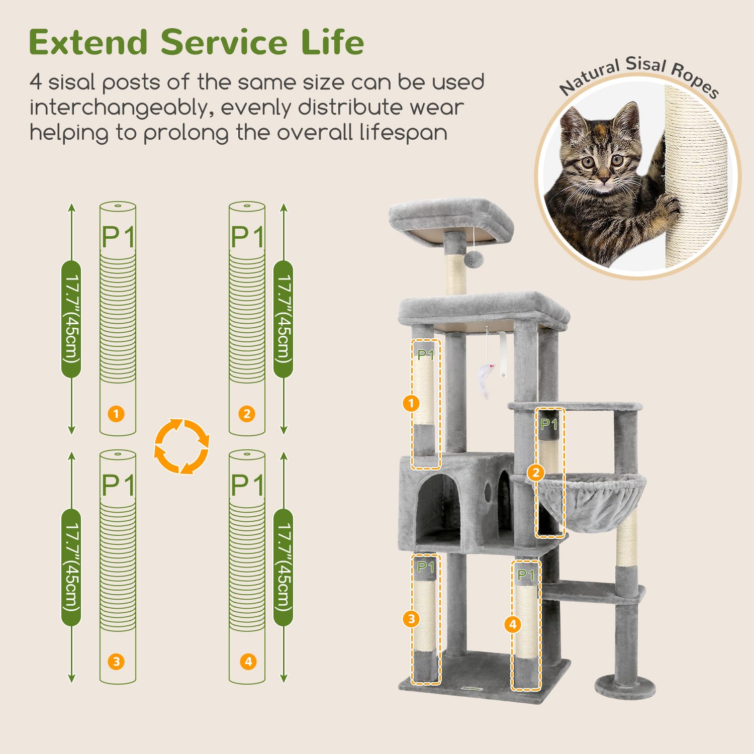 Globlazer Árbol Rascador para Gatos XL, Rascador para Gatos Alto 167 cm con Grandi Plataformas Acolchada Percha Nidos Cesta Peluche Juquetes, Estable Torre para Gato Grandes 5KG+ (F65B, Gris Claro)