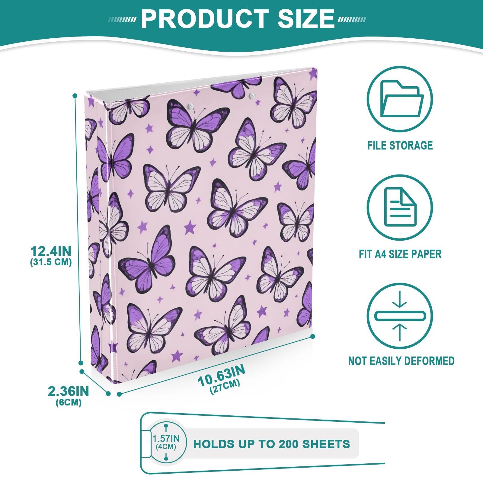 Raccoglitore a 3 anelli con stampa da 3,8 cm, raccoglitore ad anelli a D con tasche, raccoglitore decorativo per scuola, università o ufficio, viola, farfalla, stella, rosa