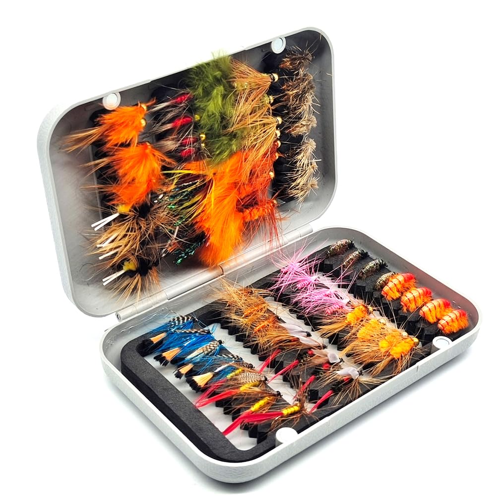 Kylebooker64pcs Fly Fishing Flies Assortment Kit Dry Wet Flies Nymphs Woolly Bugger for Trout Bass Fishing with Fly Box