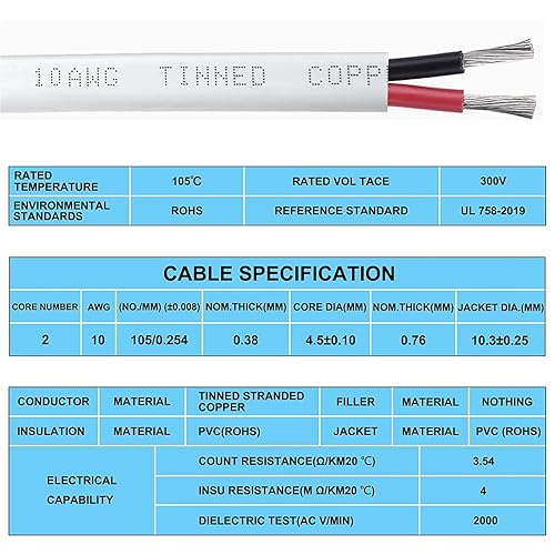 Miniatura 5 de Cable marino de calibre 10, cable dúplex de grado marino de 30 pies, cable de cableado de cobre estañado de 10 AWG, cable eléctrico para lanchas