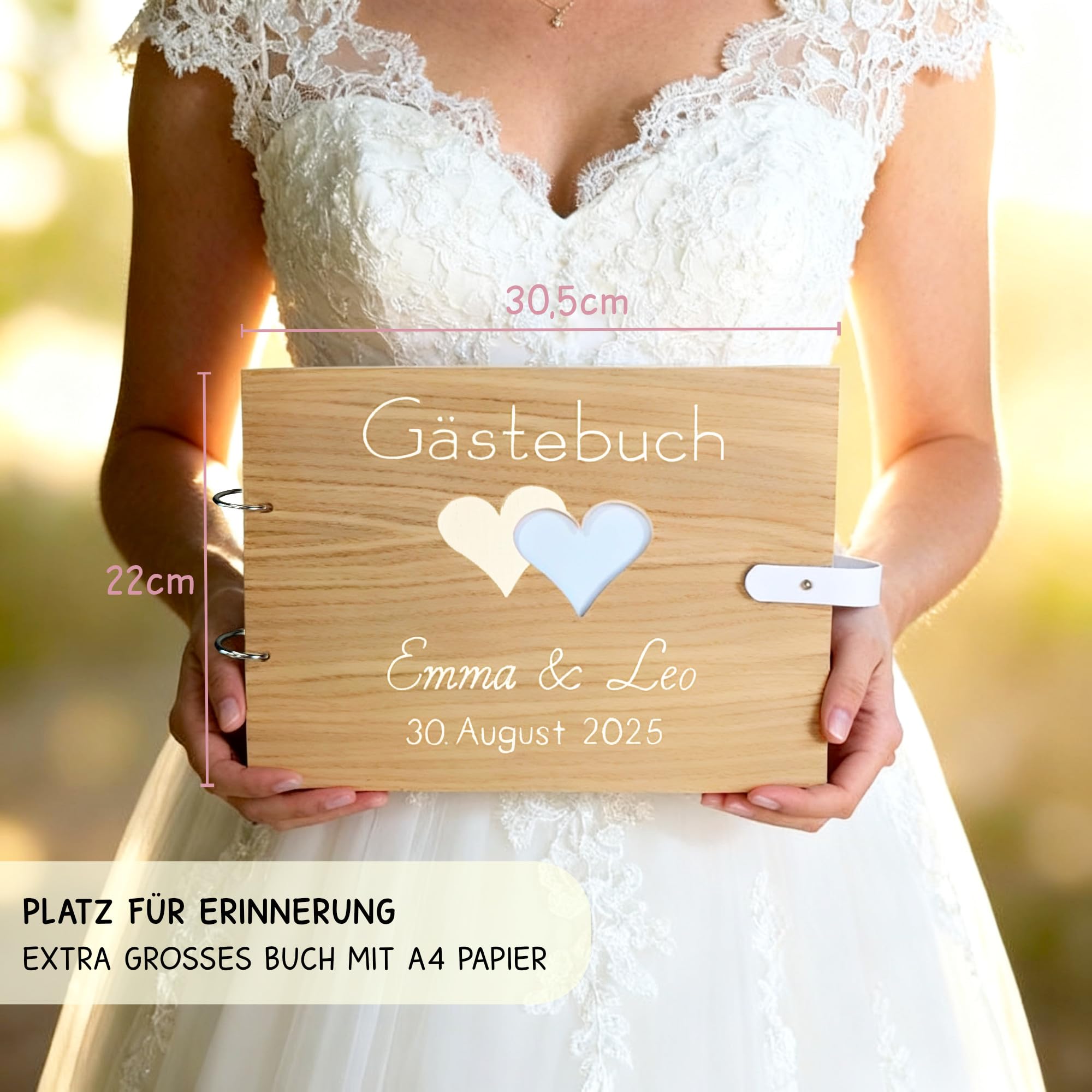Großes Hochzeitsgästebuch aus Holz mit personalisierter Gravur & Lederverschluss - Edles DIN A4 Hochzeitsbuch mit 100 Seiten | handgearbeitet mit Lederverschluss