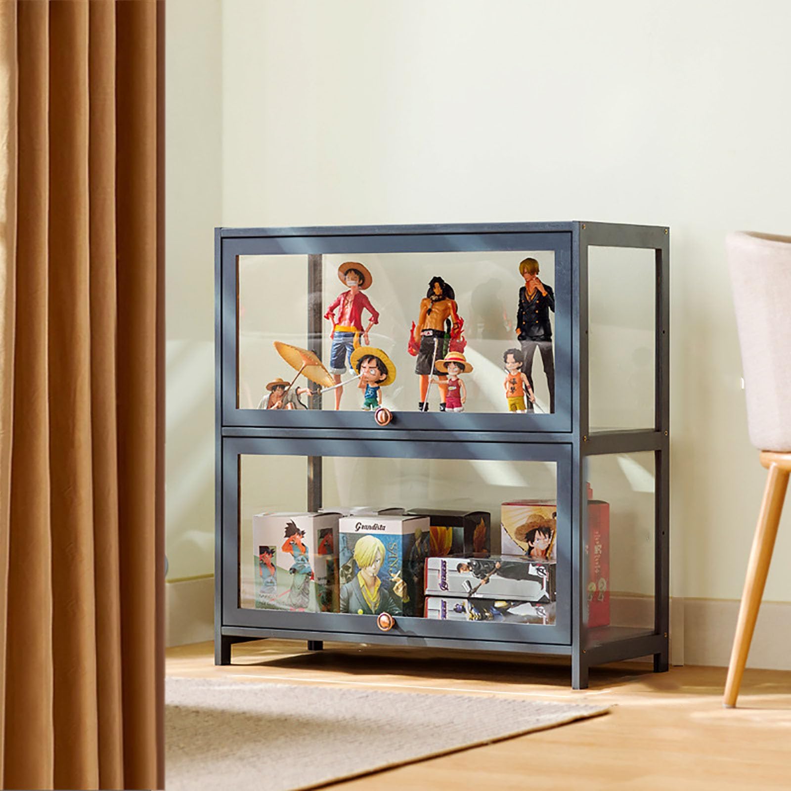 Curio Display Case with glass Cabinet Door,large Flip Door Display Cabinet,Storage Shelves with Acrylic Glass Door,Collectibles Toy Organizers Rack,Glass curio cabinet for Collectibles 80*73cm gray