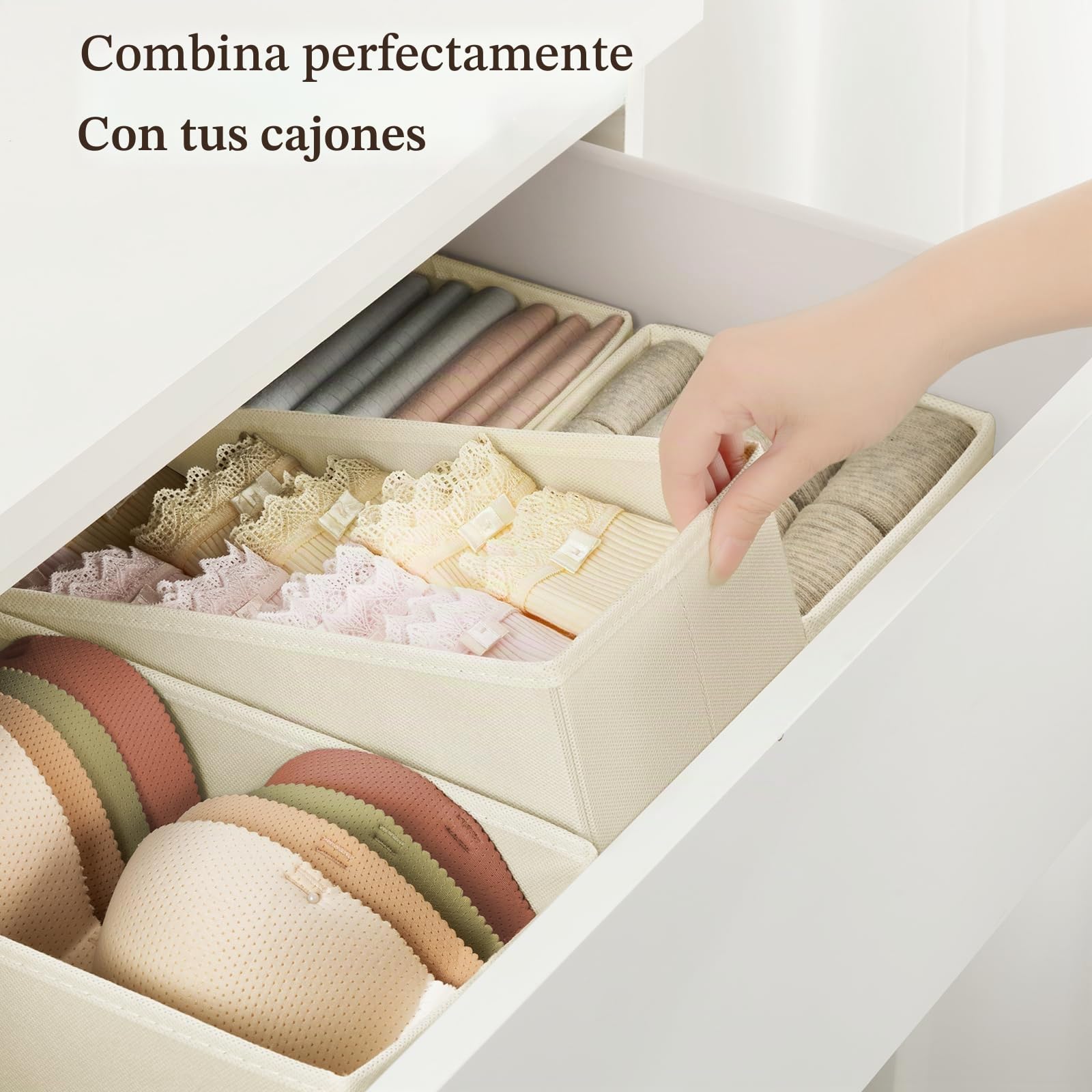 DIMJ Organizadores de Cajones 4 Cajas de Almacenaje Plegables de Tela Beige