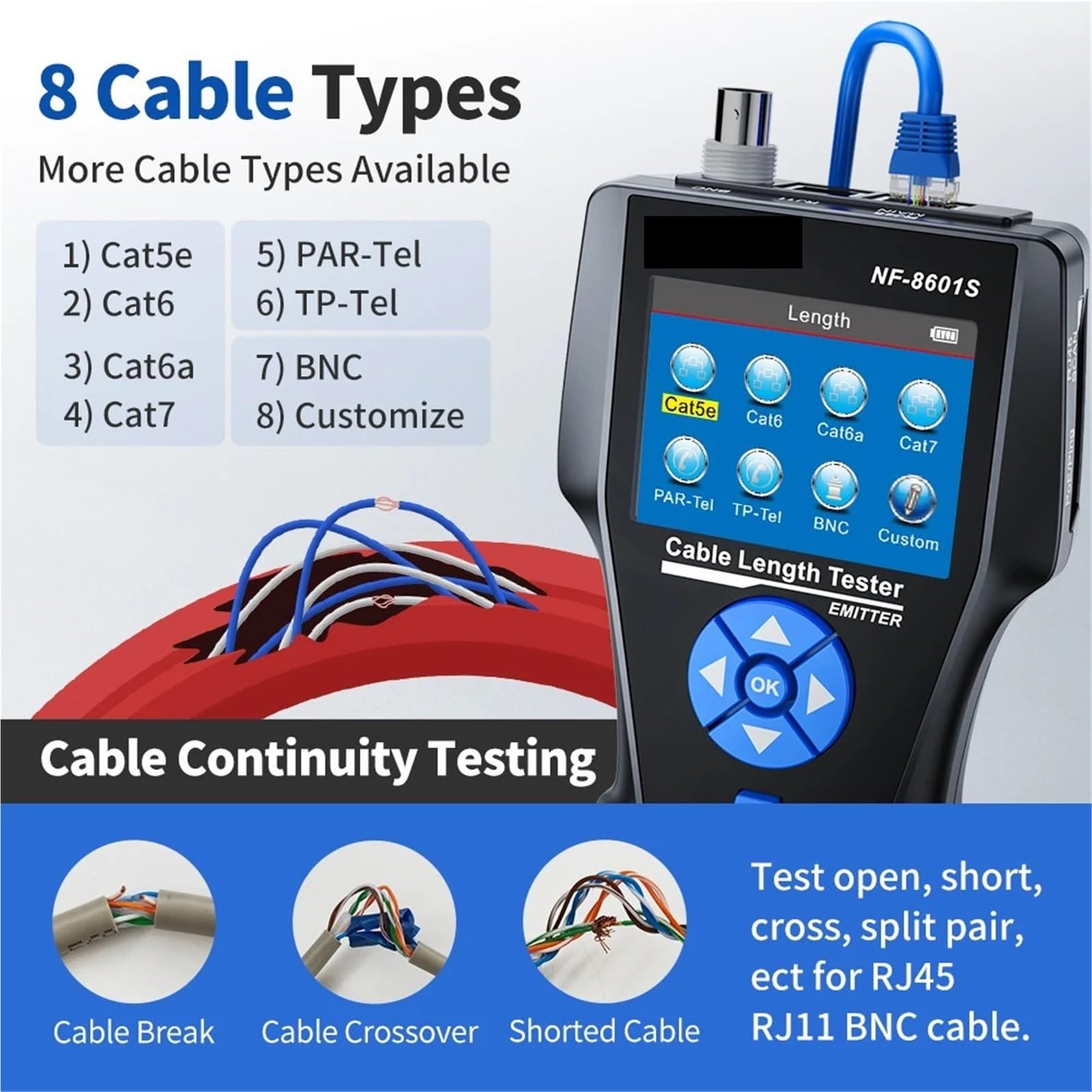 Tester per cavi di rete, Tester Per Cavi Di Rete, TDR Multifunzione Con Tensione PoE/PING/porta, Strumento Diagnosi, Rilevatore Tracciamento Della Mappatura Dei,per cavo di rete